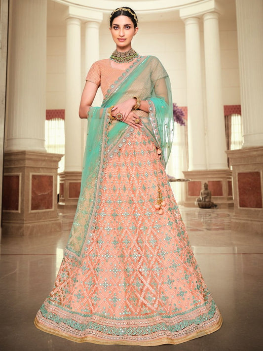 Peach Net Festive Lehenga Choli - Inddus.com