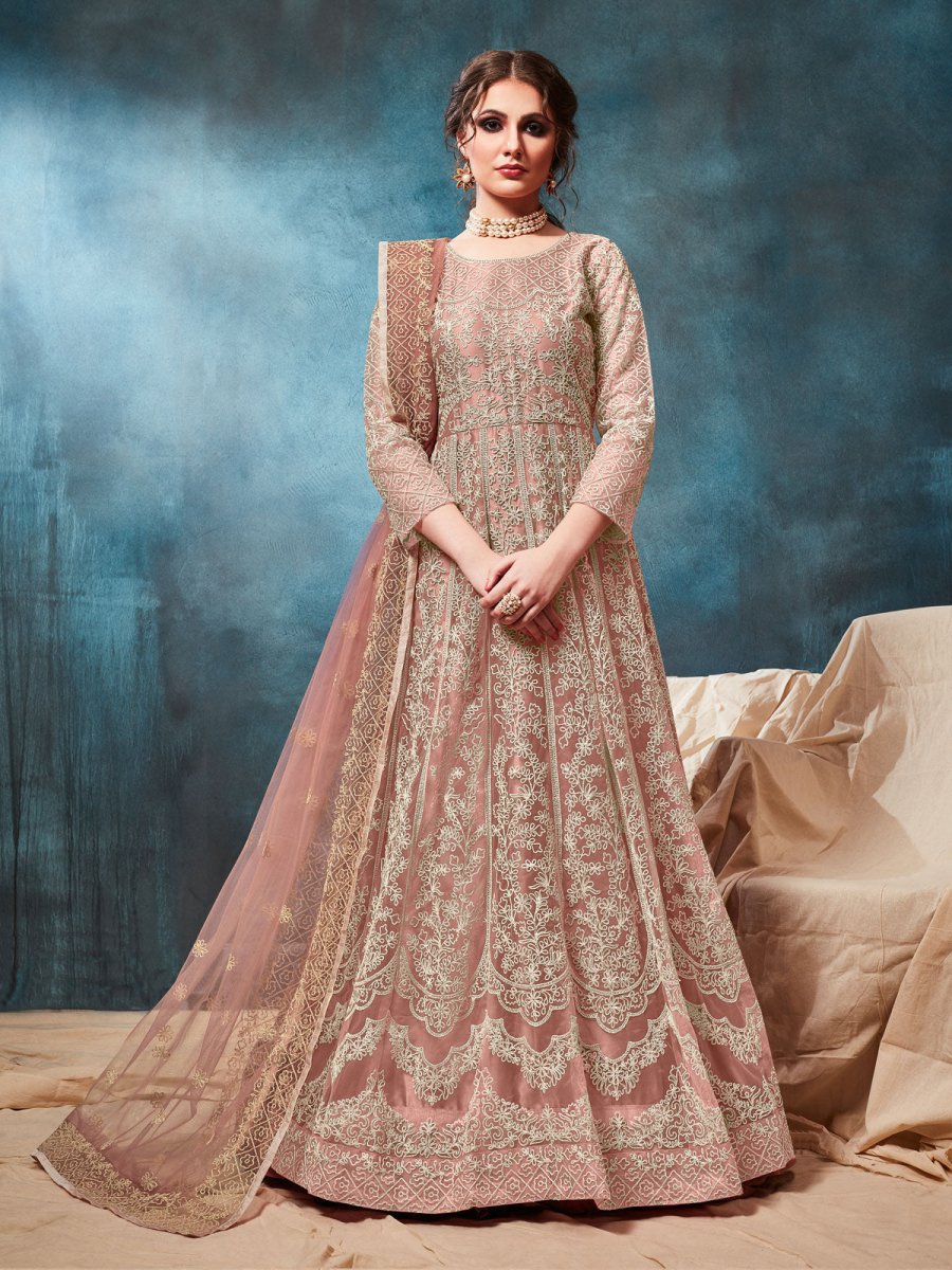 Peach Net Festive Wear Anarkali Suit - Inddus.com