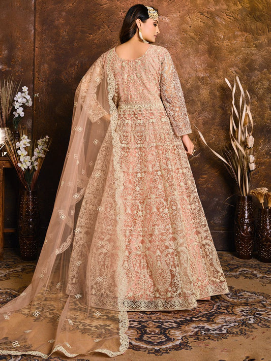 Peach Net Partywear Anarkali Suit - Inddus.com