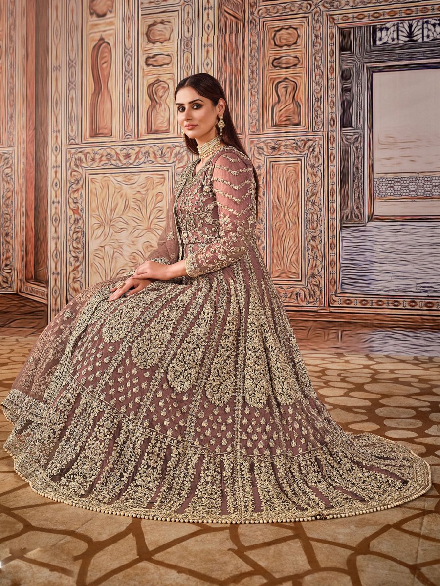 Peach Net Partywear Anarkali Suit - Inddus.com