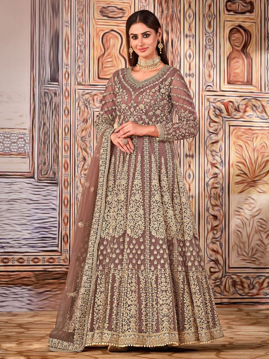 Peach Net Partywear Anarkali Suit - Inddus.com