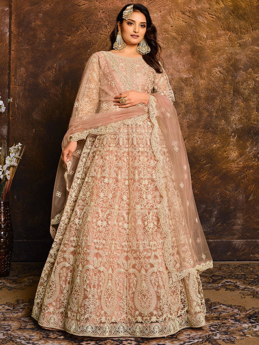 Peach Net Partywear Anarkali Suit - Inddus.com