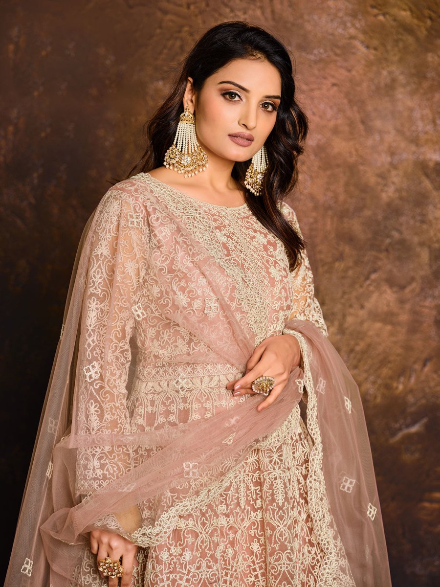 Peach Net Partywear Anarkali Suit - Inddus.com