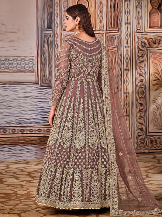 Peach Net Partywear Anarkali Suit - Inddus.com