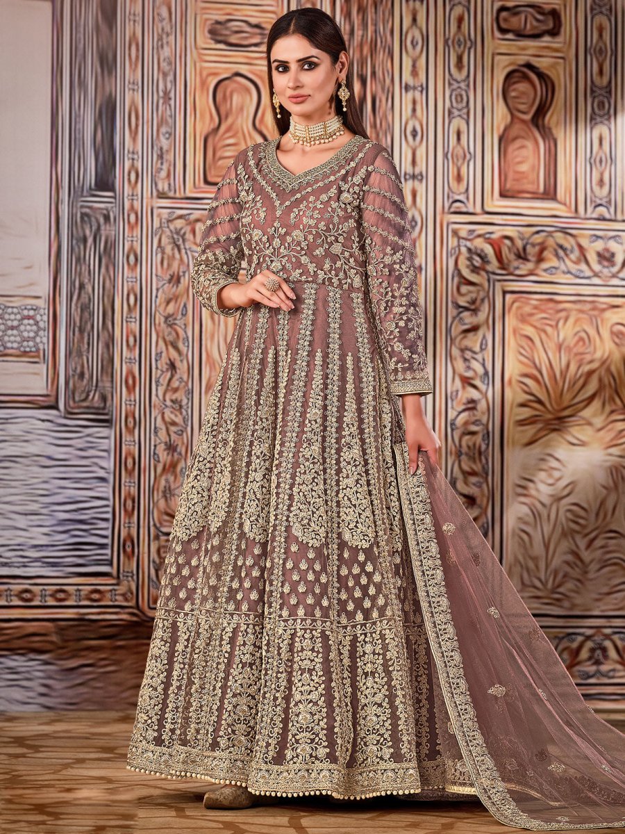 Peach Net Partywear Anarkali Suit - Inddus.com