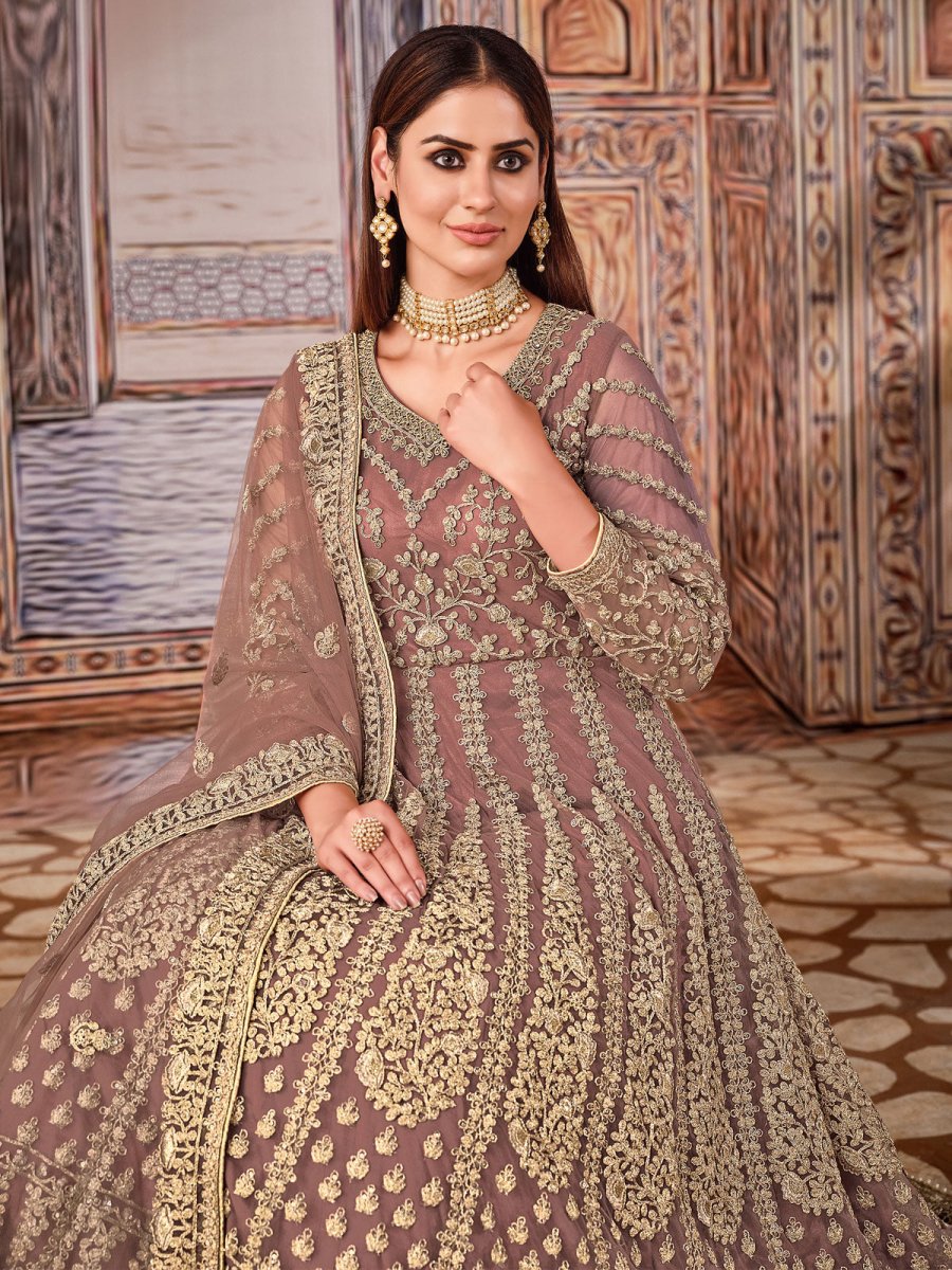 Peach Net Partywear Anarkali Suit - Inddus.com