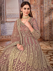 Peach Net Partywear Anarkali Suit - Inddus.com