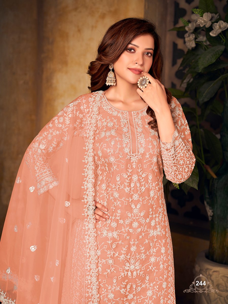 Peach Net Partywear Palazzo Suit - Inddus.com