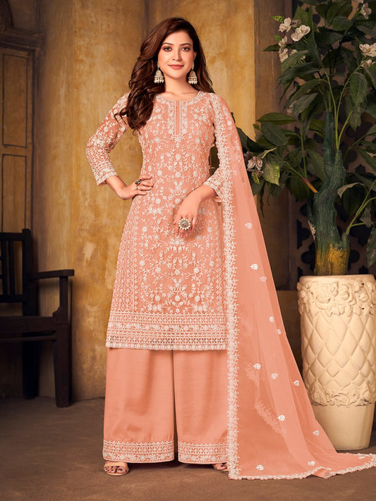 Peach Net Partywear Palazzo Suit - Inddus.com