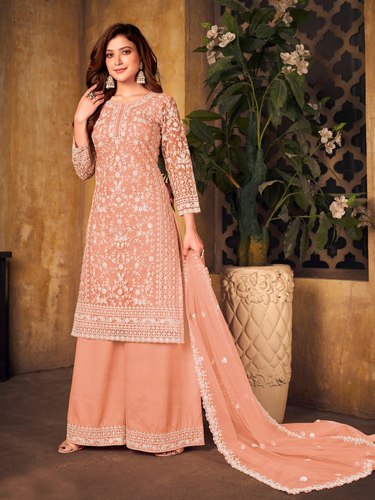 Peach Net Partywear Palazzo Suit - Inddus.com