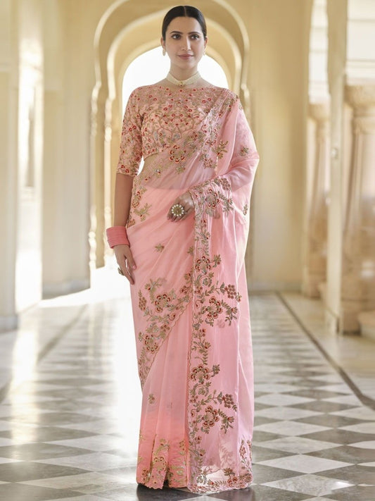 Peach Organza Embroidered Saree - inddus-us