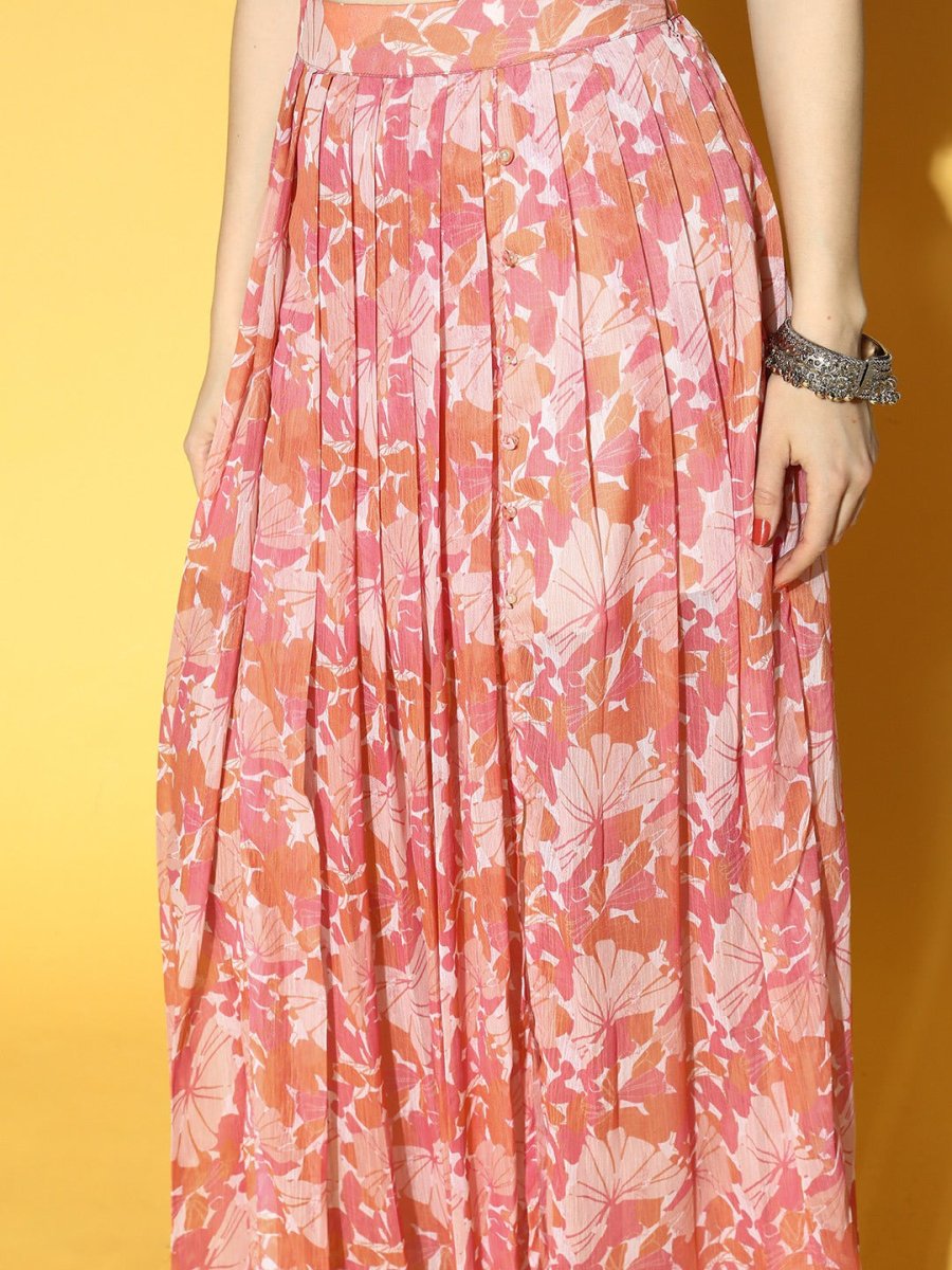 Peach Pink Chiffon Floral Printed Top & Skirt Co-ords Set - Inddus.com