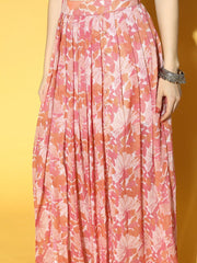 Peach Pink Chiffon Floral Printed Top & Skirt Co-ords Set - Inddus.com