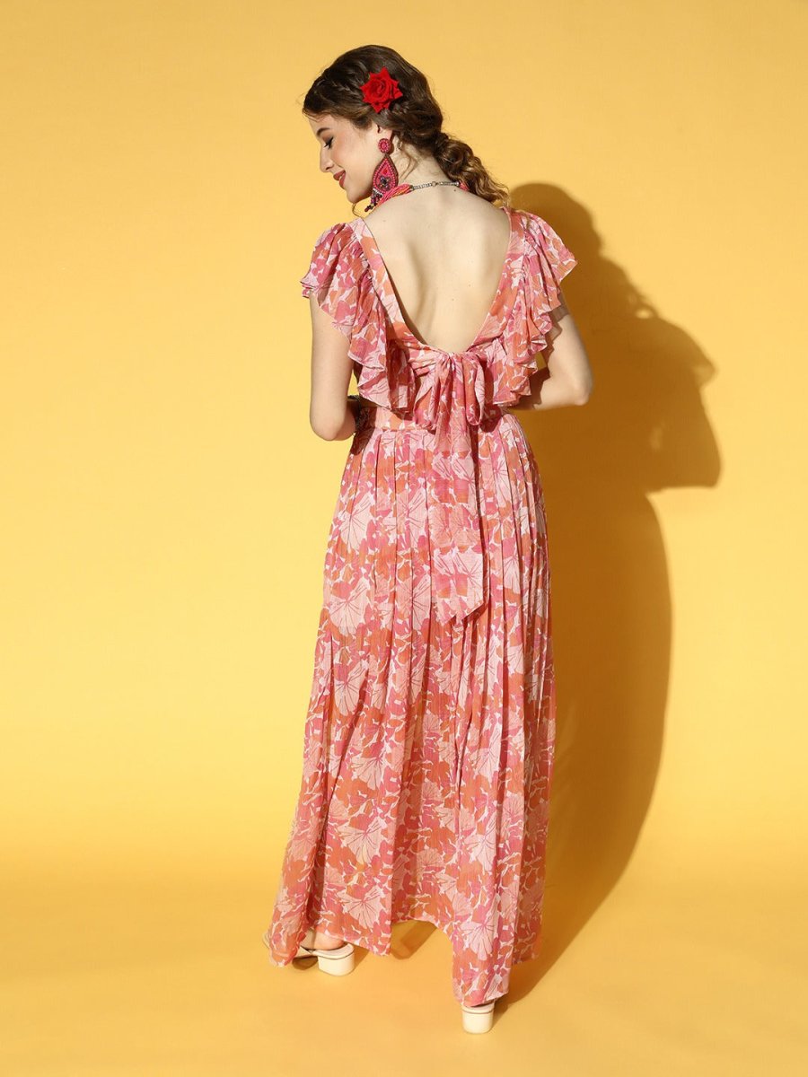 Peach Pink Chiffon Floral Printed Top & Skirt Co-ords Set - Inddus.com