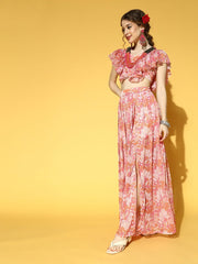 Peach Pink Chiffon Floral Printed Top & Skirt Co-ords Set - Inddus.com