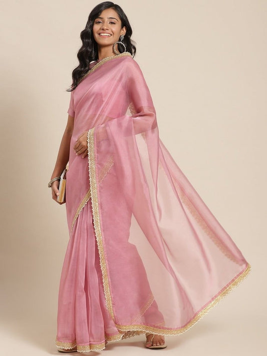 Peach Pink Digital Print Organza Saree - inddus-us