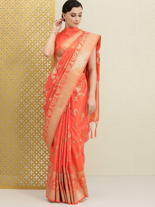 Peach Pink Dual Tone Jaal Design Zari Woven Saree - inddus-us