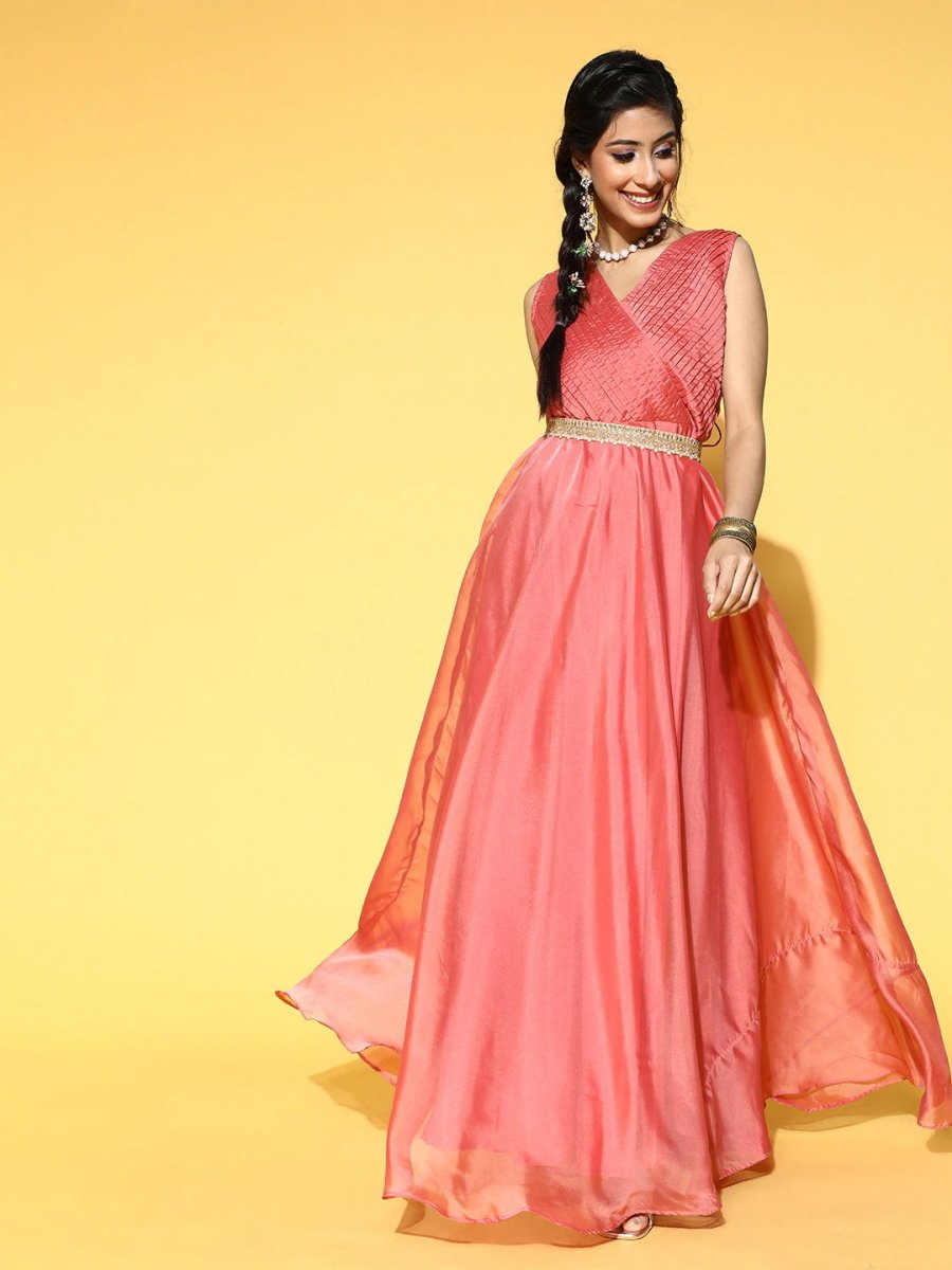 Peach Pink Flared Party Gown with Belt - Inddus.com