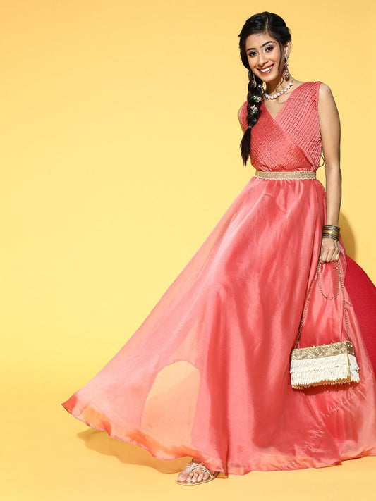 Peach Pink Flared Party Gown with Belt - Inddus.com