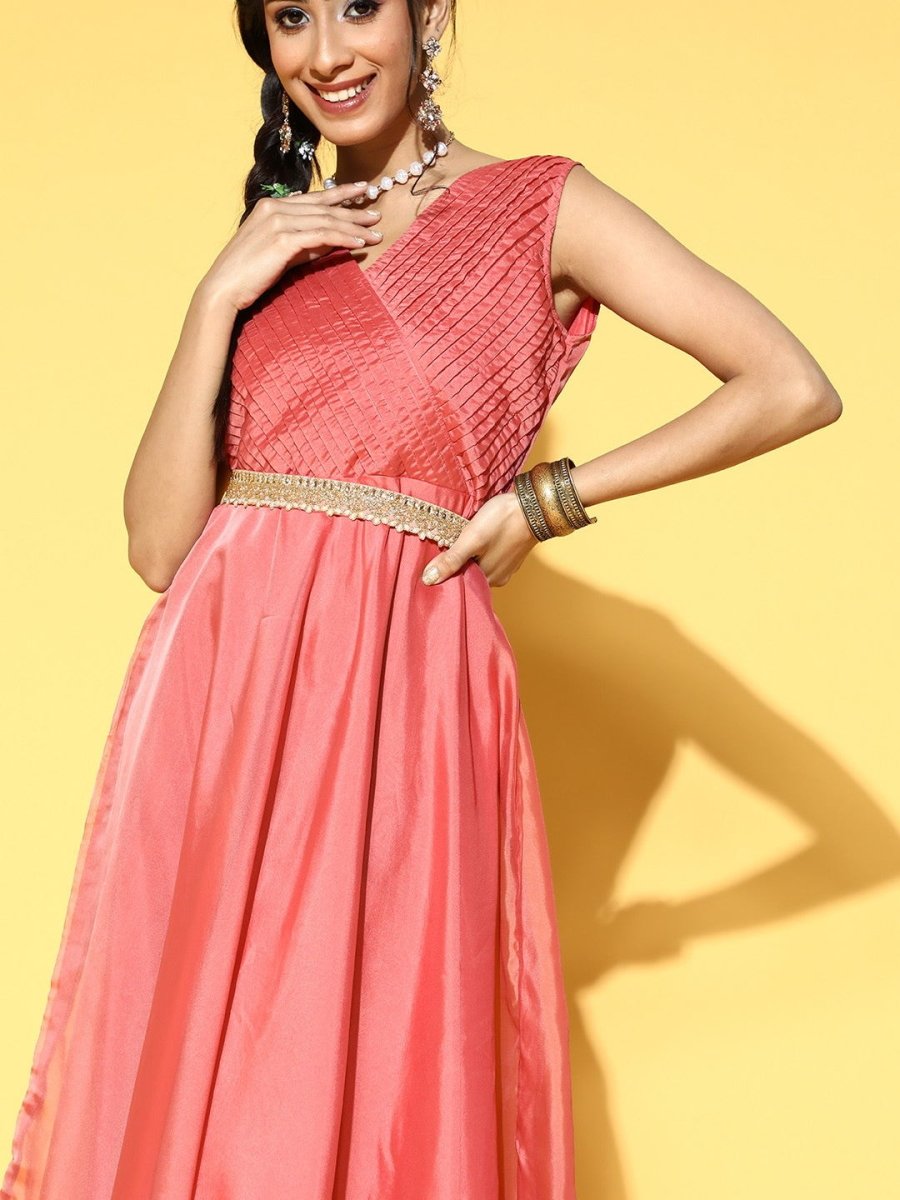 Peach Pink Flared Party Gown with Belt - Inddus.com