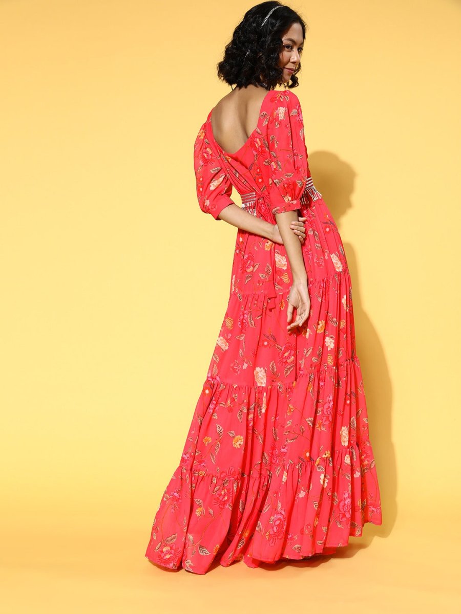 Peach Pink Floral Printed Fit and Flared Gown with Embellished Belt - Inddus.com