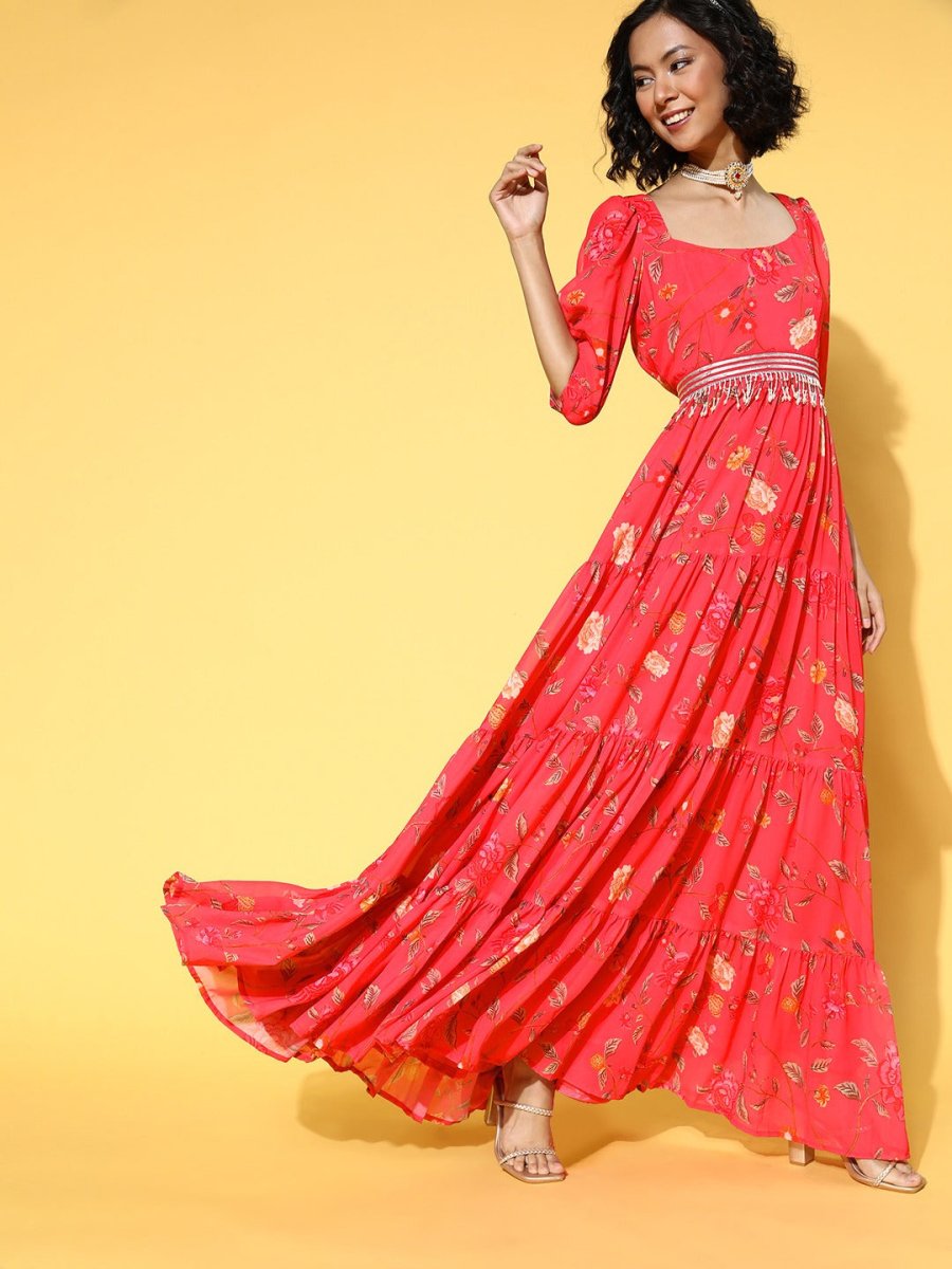 Peach Pink Floral Printed Fit and Flared Gown with Embellished Belt - Inddus.com