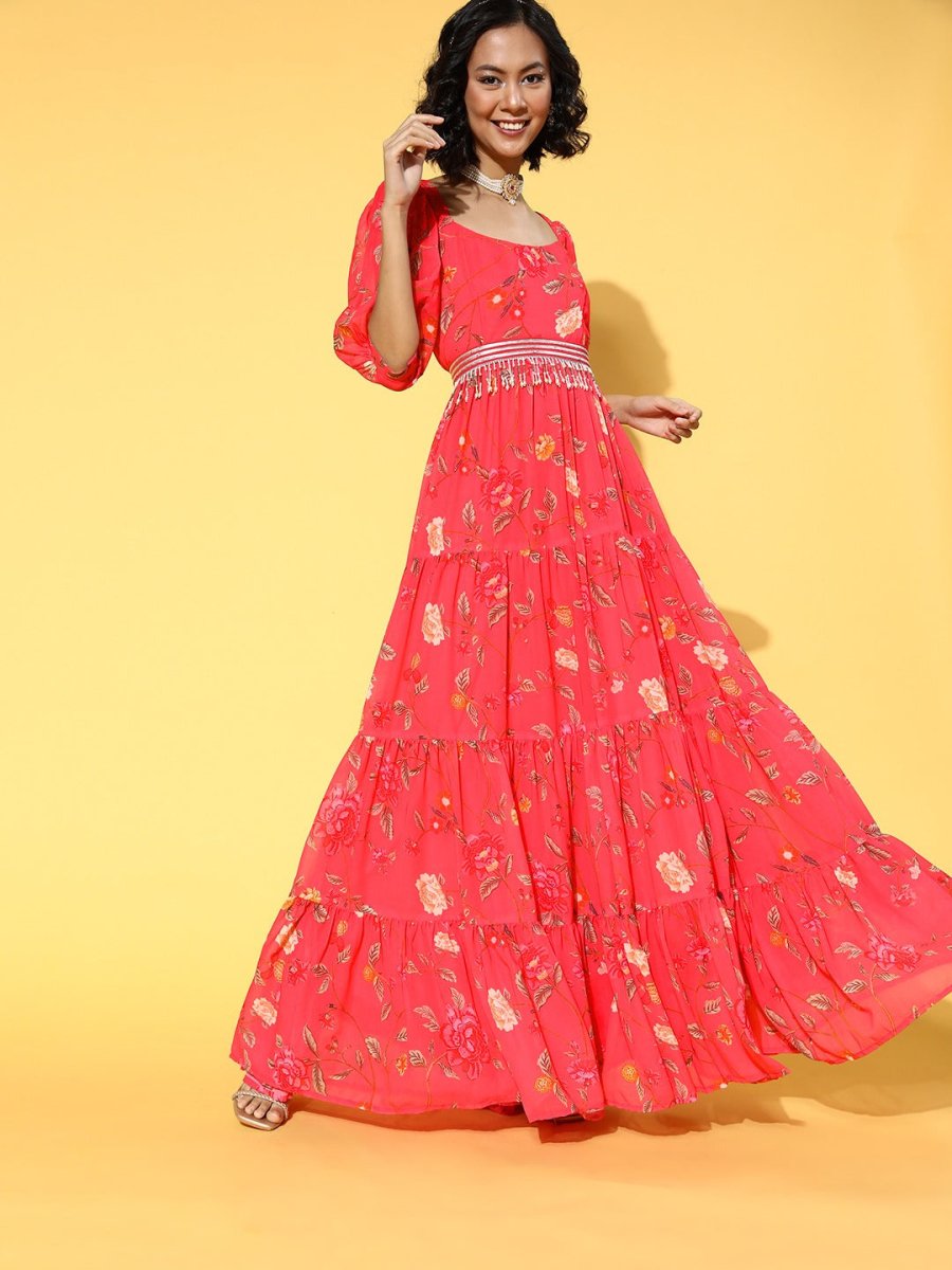 Peach Pink Floral Printed Fit and Flared Gown with Embellished Belt - Inddus.com