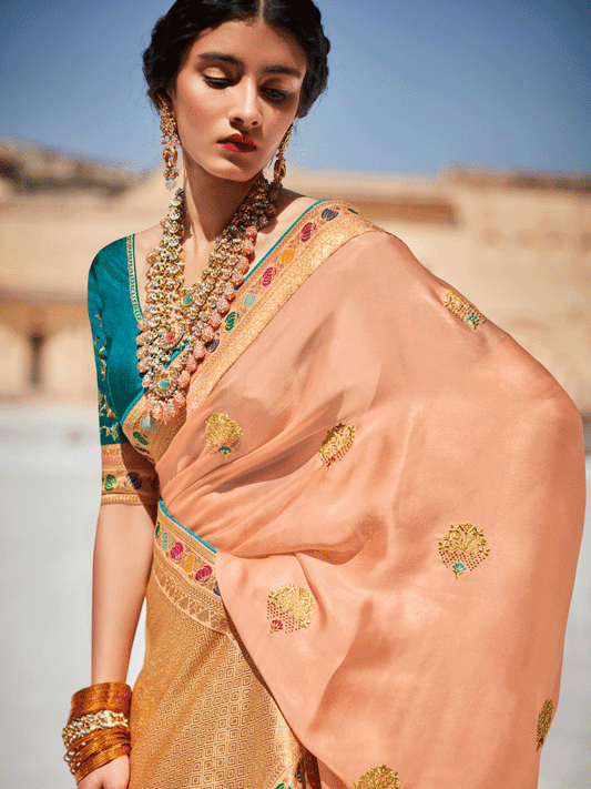 Peach Silk Embellished Saree - Inddus.com