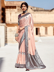 Peach Silk Embellished Saree - Inddus.com