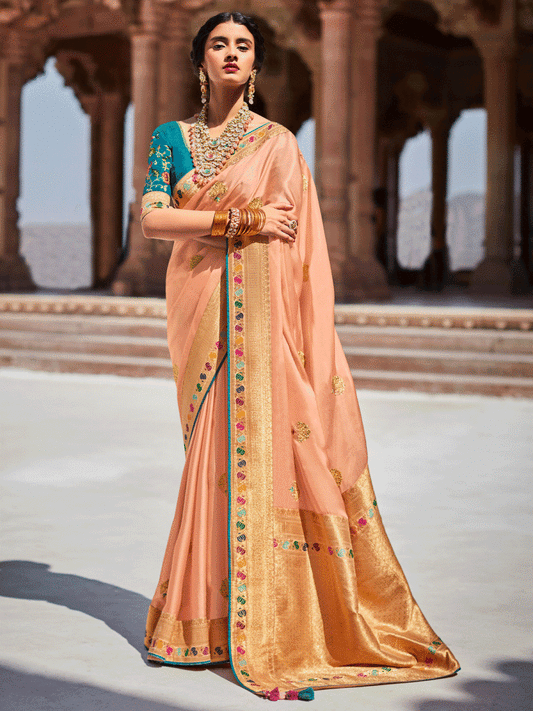 Peach Silk Embellished Saree - Inddus.com