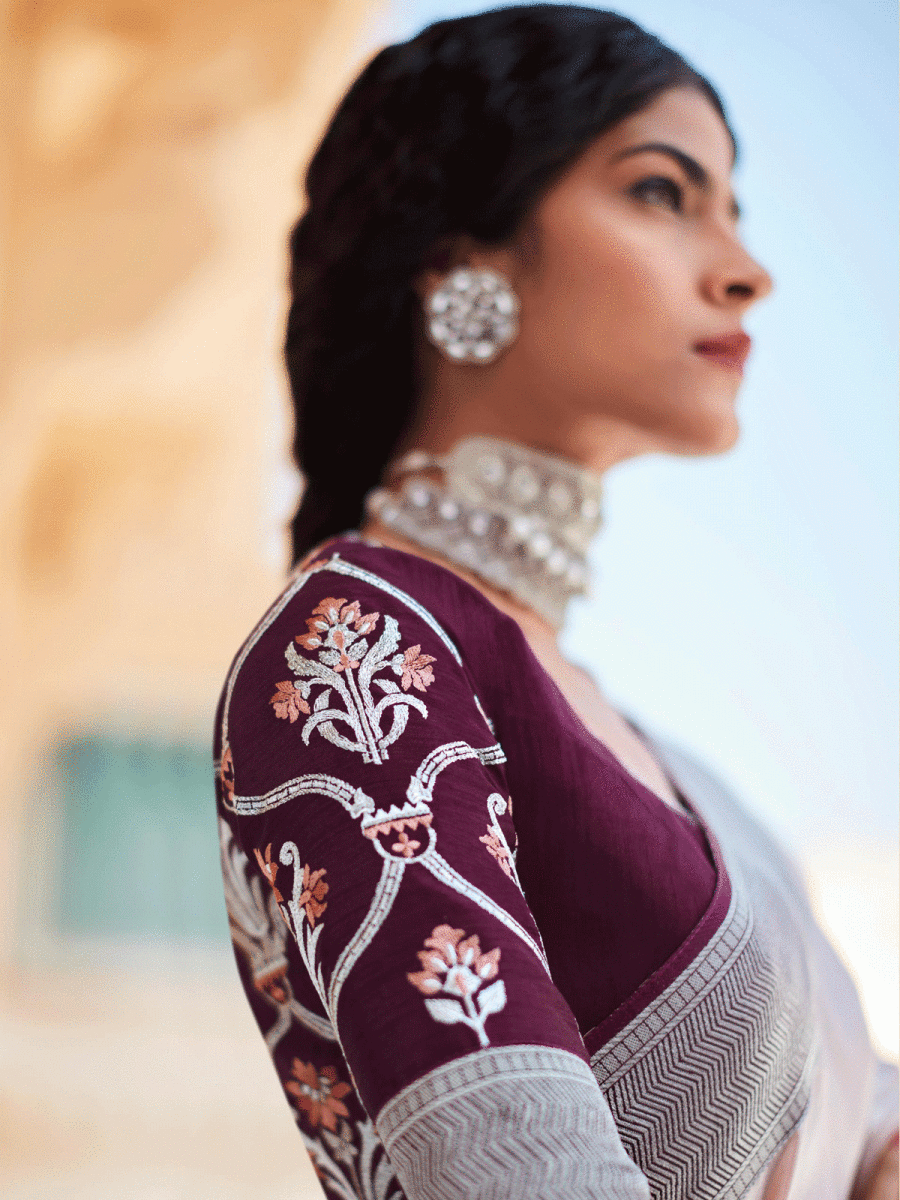 Peach Silk Embellished Saree - Inddus.com