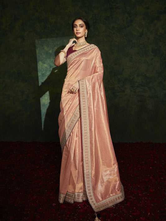 Peach Silk Traditional Saree - Inddus.com