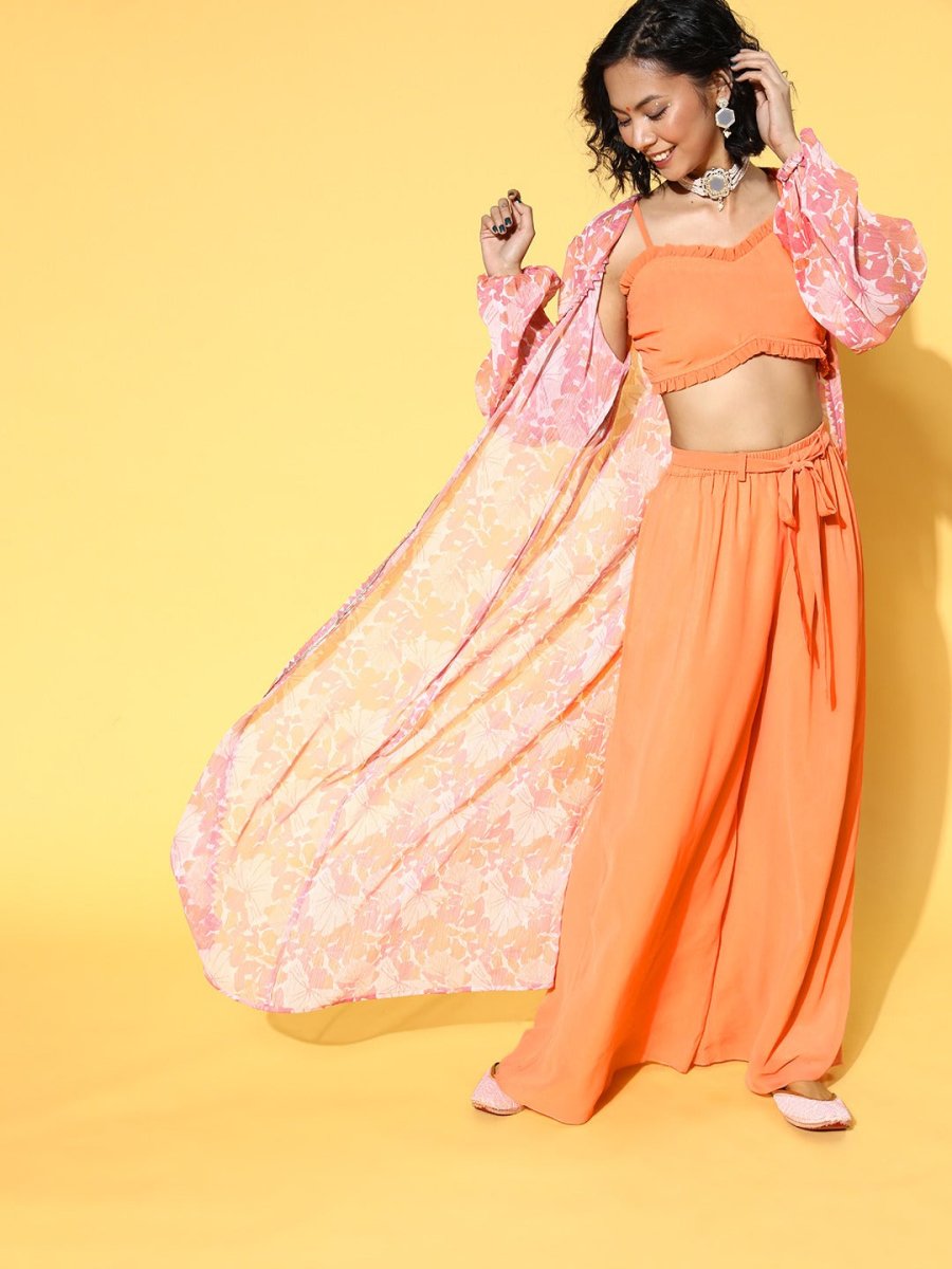 Peach Solid Top & Palazzo with Floral Printed Jacket - Inddus.com