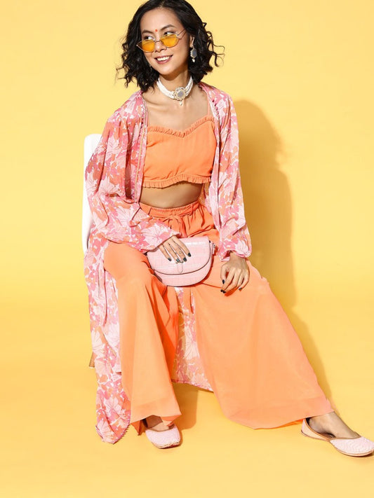 Peach Solid Top & Palazzo with Floral Printed Jacket - Inddus.com