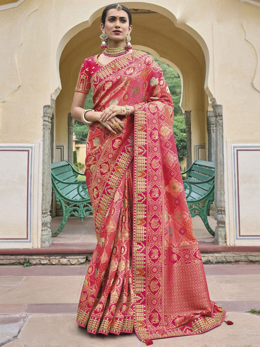 Peach Viscose Silk Traditional Saree - Inddus.com