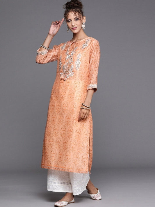 Peach Yoke Embroidered Kurta with Printed Palazzo - inddus-us