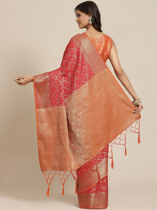 Pink and Gold Ethnic Motifs Zari Woven Banarasi Bandhani Saree - Inddus.com