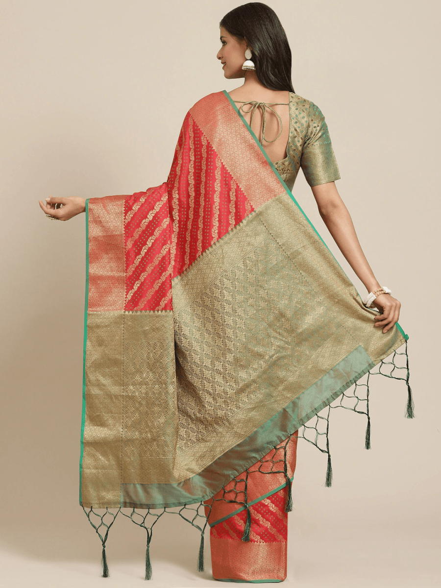 Pink and Green Zari Woven Banarasi Saree - Inddus.com