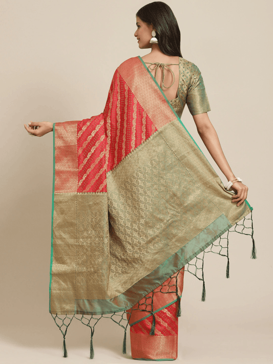 Pink and Green Zari Woven Banarasi Saree - Inddus.com