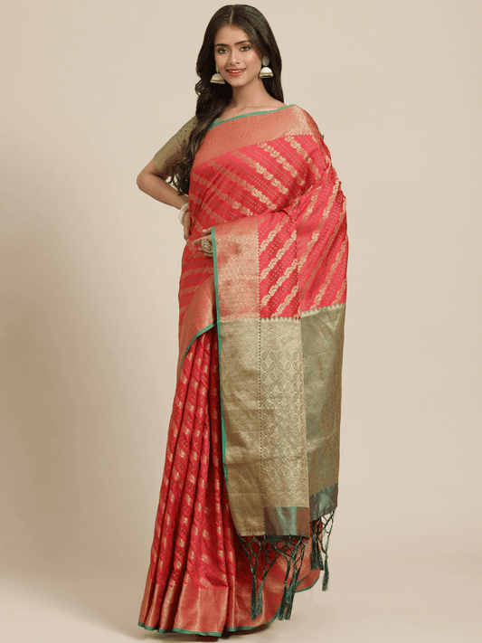 Pink and Green Zari Woven Banarasi Saree - Inddus.com