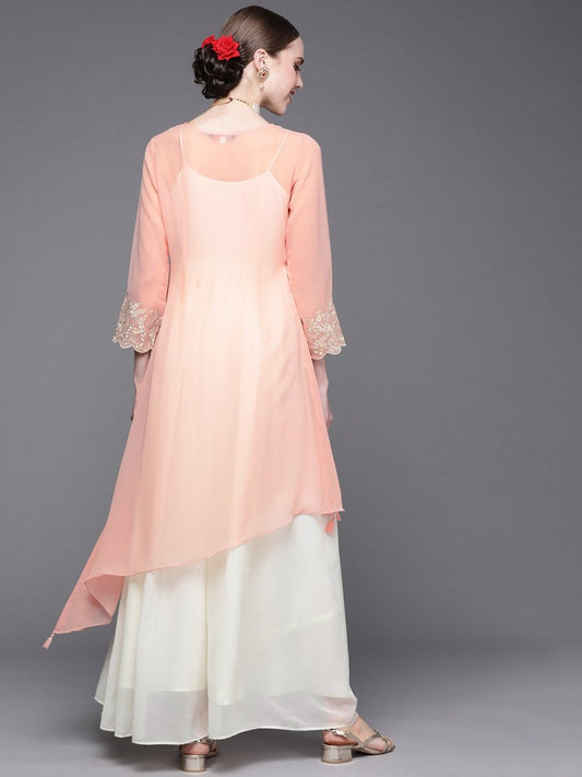 Pink and White Embroidered Flared Gown - Inddus.com