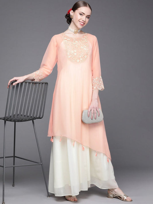 Pink and White Embroidered Flared Gown - Inddus.com