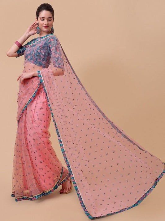 Pink & Blue Embellished Sequinned Net Saree - Inddus.com