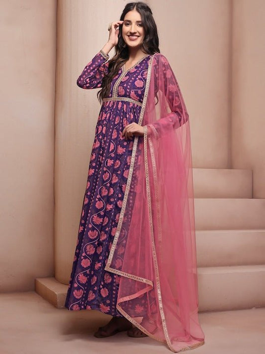 Pink & Blue Ethnic Motifs Printed Georgette Anarkali Kurta - Inddus.com