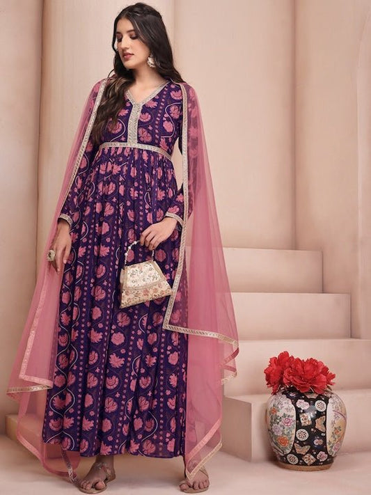 Pink & Blue Ethnic Motifs Printed Georgette Anarkali Kurta - Inddus.com