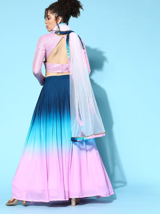 Pink Blue Lehenga with Blouse and Dupatta - Inddus.com