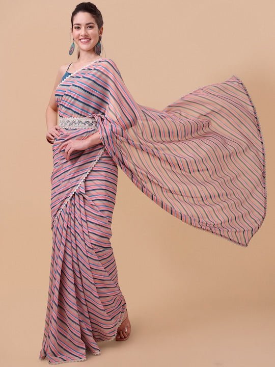 Pink & Blue Striped Saree - Inddus.com