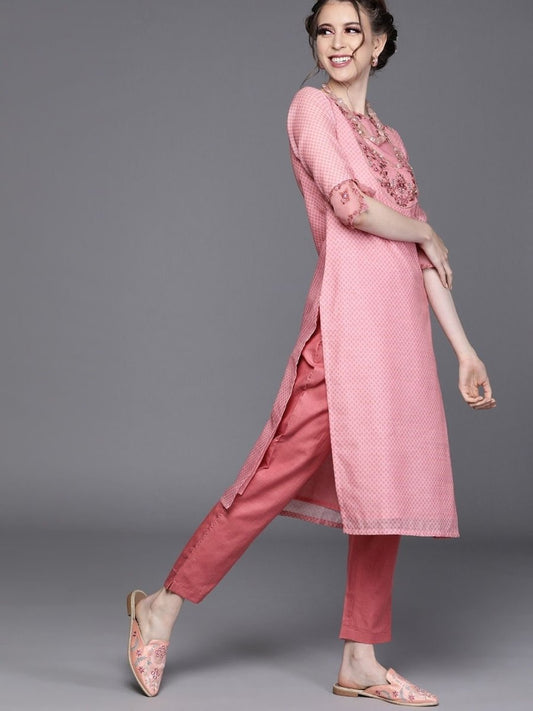 Pink Chanderi Cotton Printed Straight Cut Suit - inddus-us