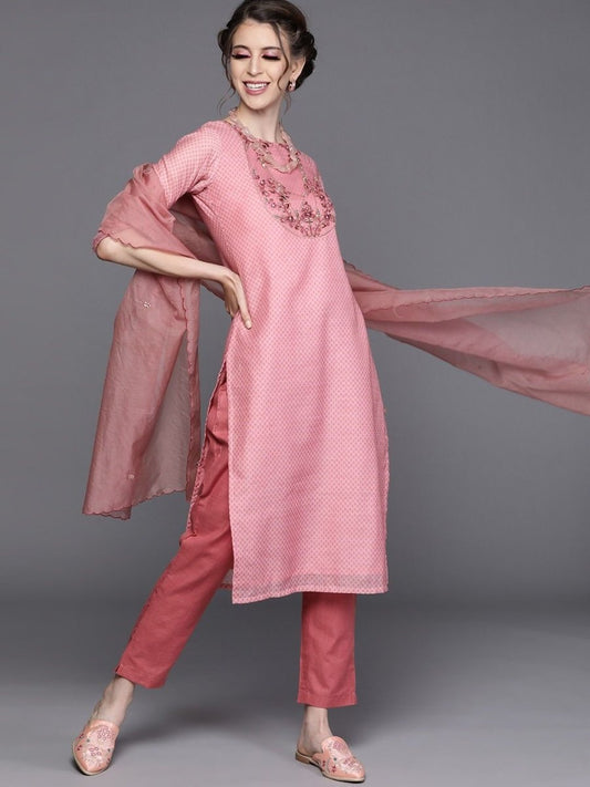 Pink Chanderi Cotton Printed Straight Cut Suit - inddus-us