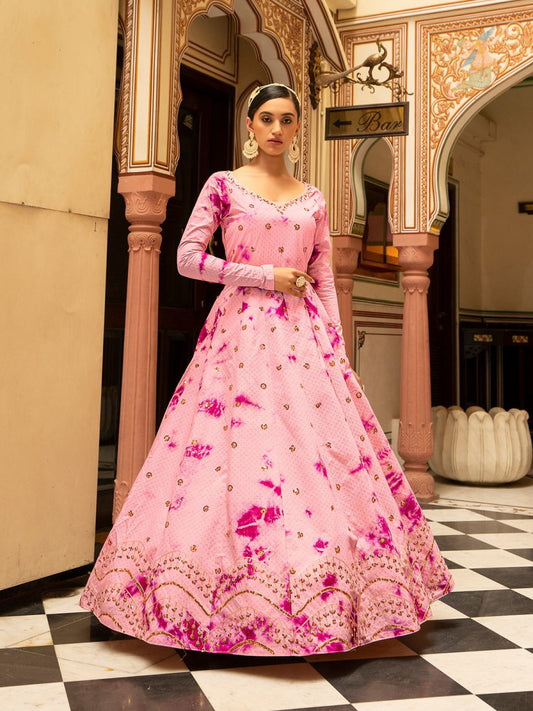 Pink Cotton Partywear Gown - Inddus.com